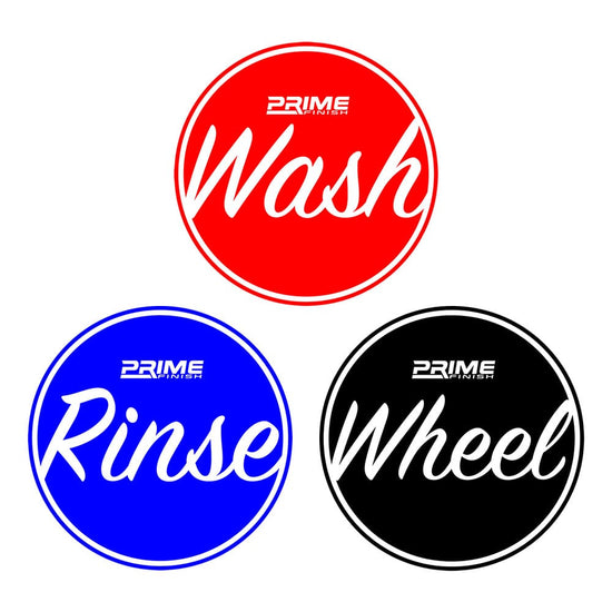 Load image into Gallery viewer, Bucket Water Proof Vinyl Sticker Set - Wash, Rinse, Wheel - Prime Finish Car Care
